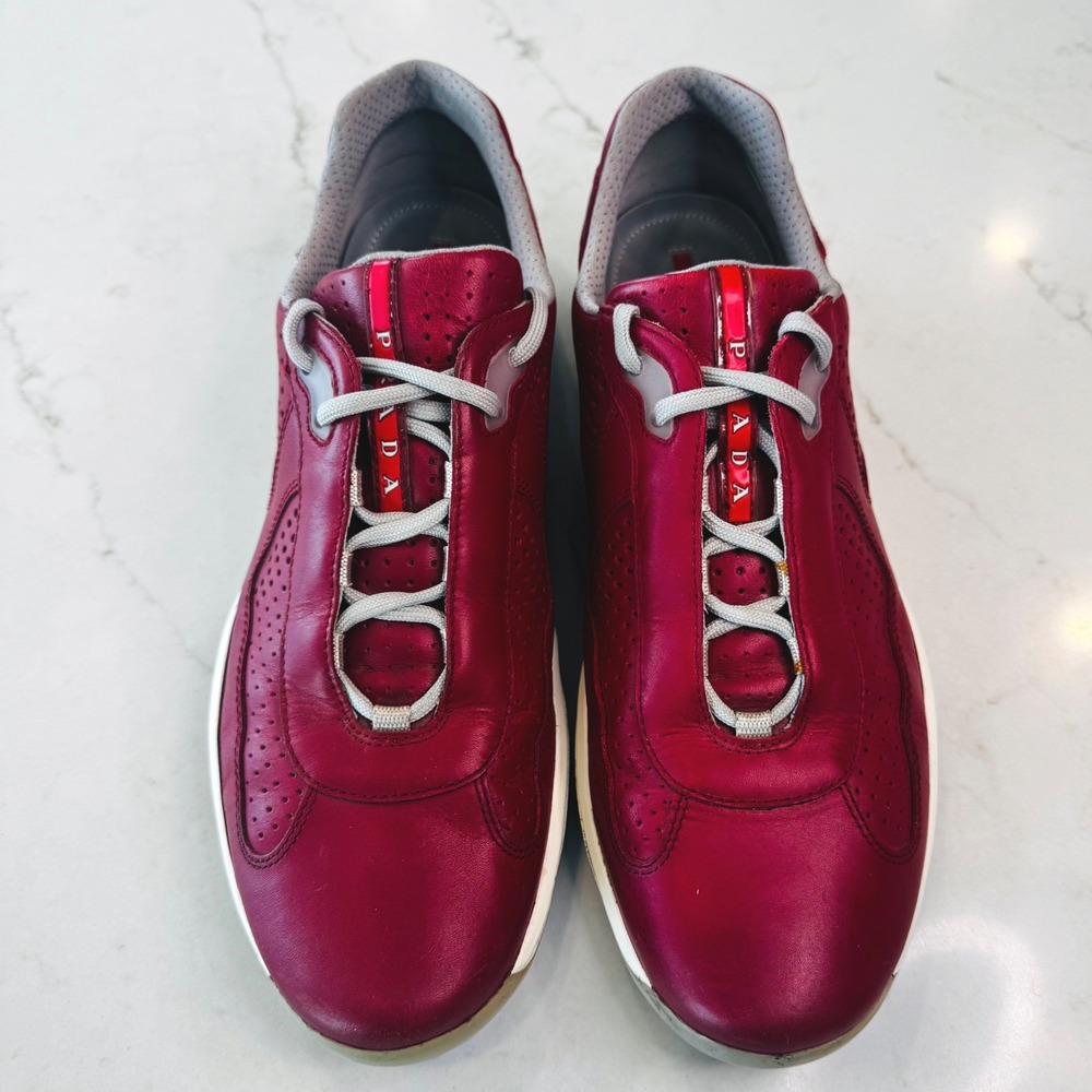 Prada Americas Cup Men 12 Red Leather Sneaker Low Top Trainers Athleisure Sporty - Picture 6 of 14